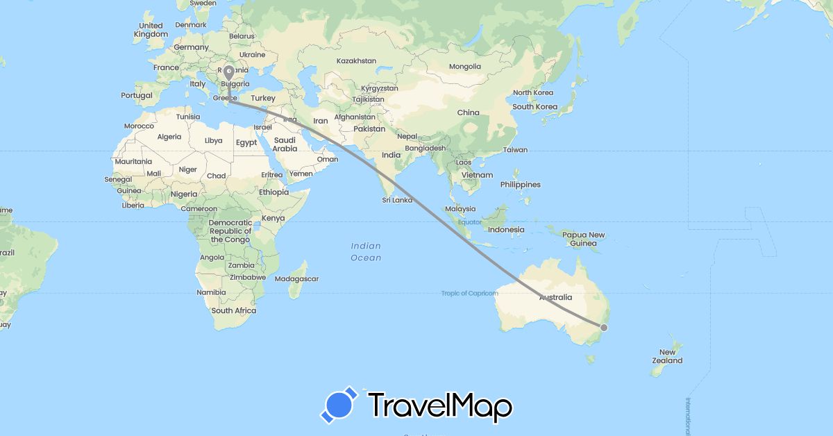 TravelMap itinerary: driving, plane in Australia, Bulgaria, Greece (Europe, Oceania)