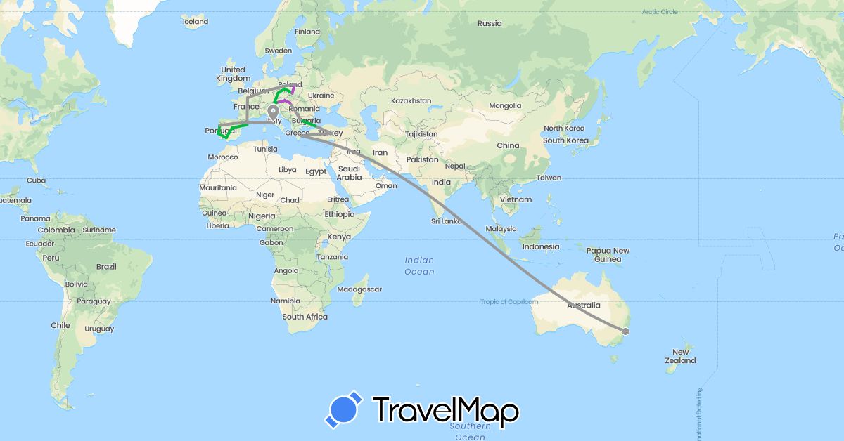 TravelMap itinerary: driving, bus, plane, train in Austria, Australia, Bulgaria, Czech Republic, Spain, France, Greece, Hungary, Italy, Poland, Portugal, Slovakia, Turkey (Asia, Europe, Oceania)